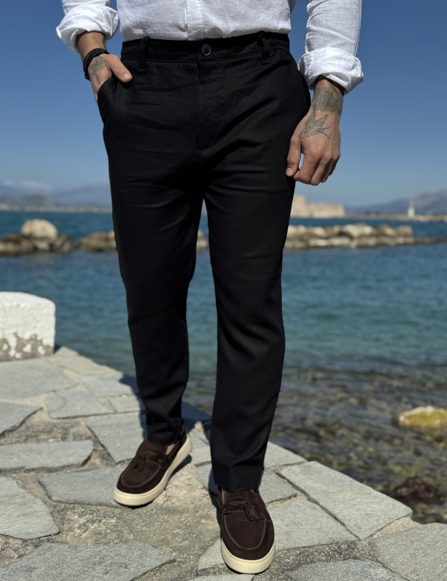 JR3 Ανδρικό μαύρο λινό υφασμάτινο παντελόνι με λάστιχο στην μέση JR0022M